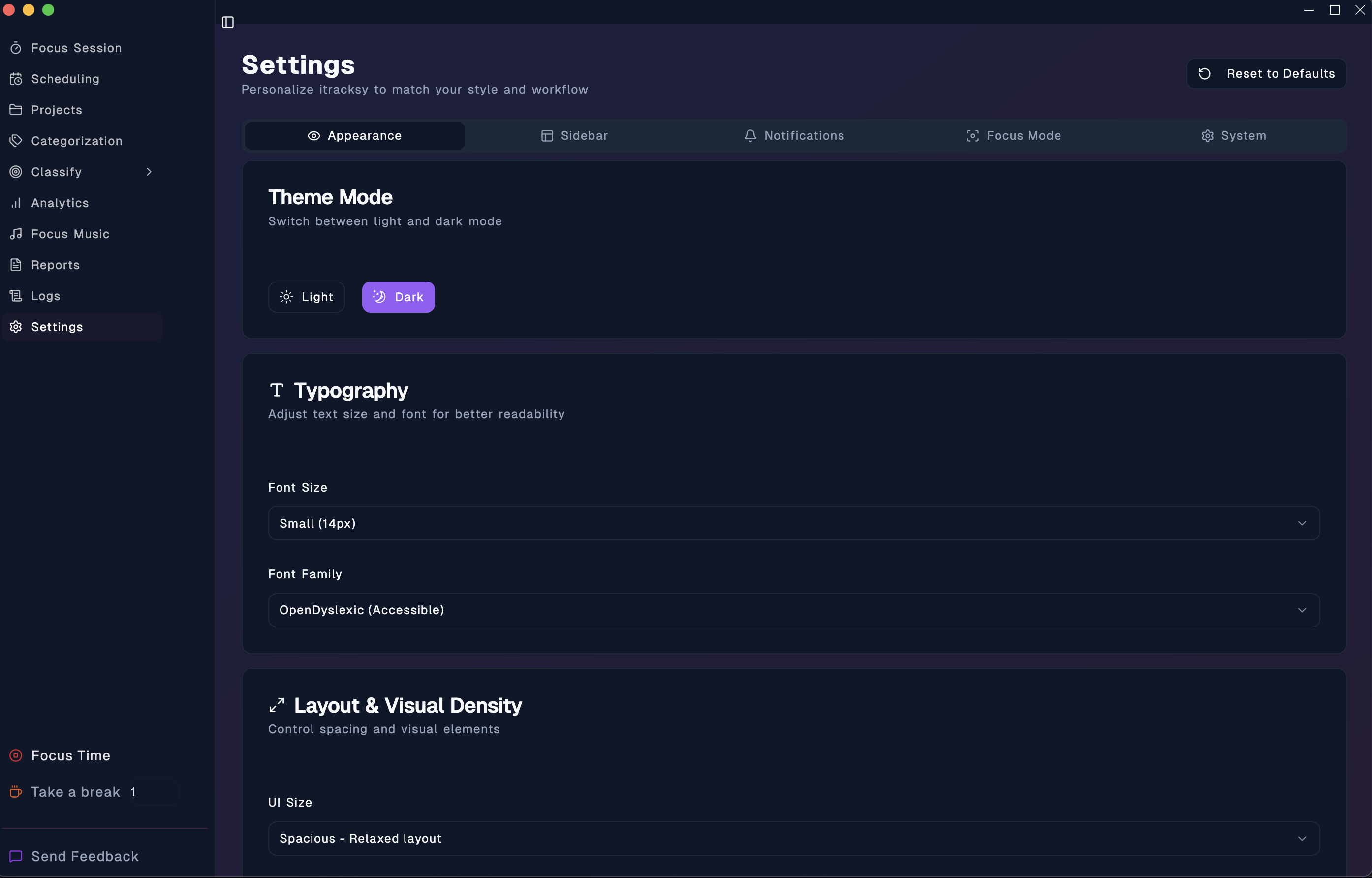 iTracksy Appearance Settings